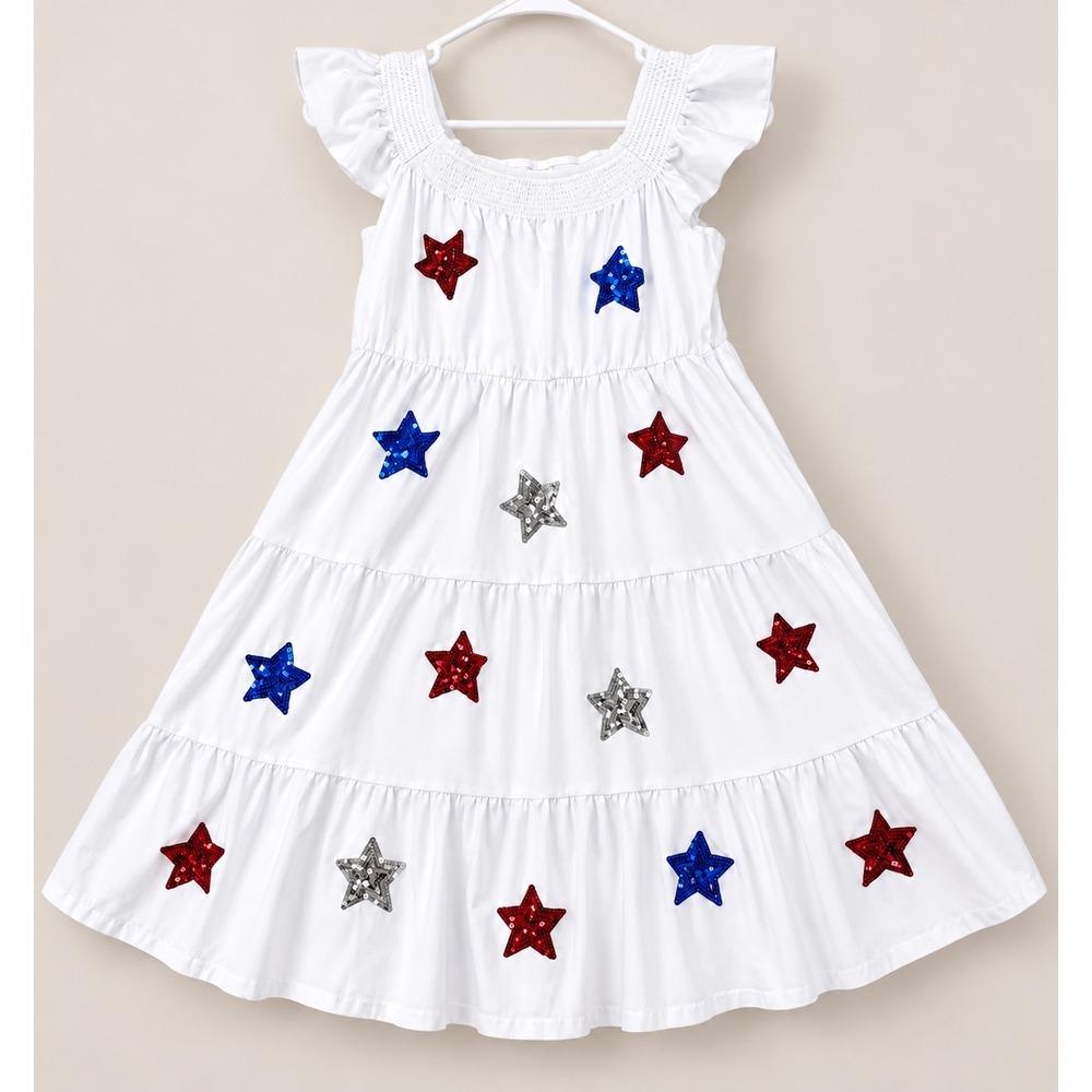 Sparkle in Pink Girls White Sequin Star Tiered Dress Patriotic 6XL (14-16)